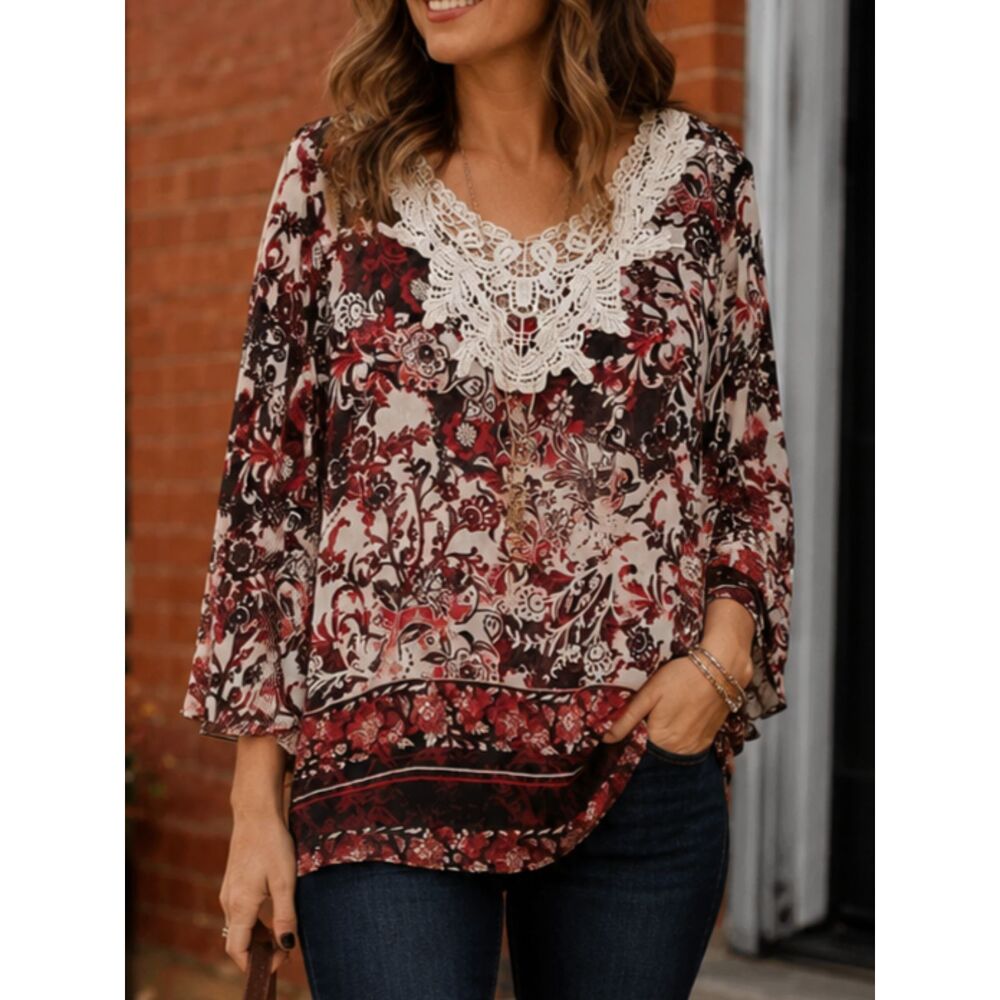 Cato Plus Size 18/20W Boho Floral Blouse Lace Neck Sheer Bell Sleeve Top